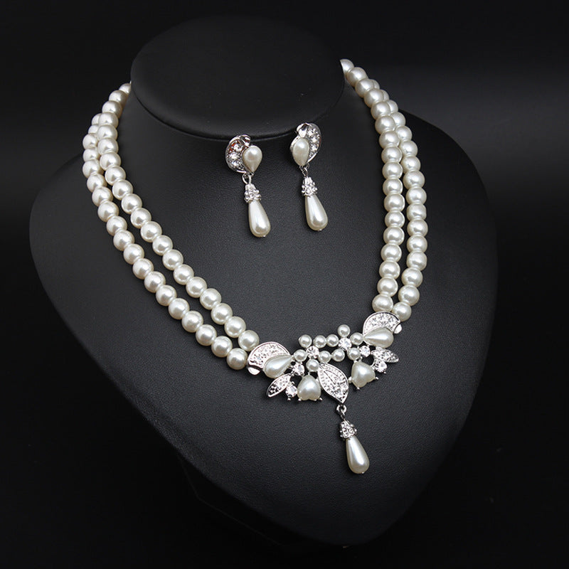 Pearl rhinestone necklace earrings set dress banquet bride female fashion