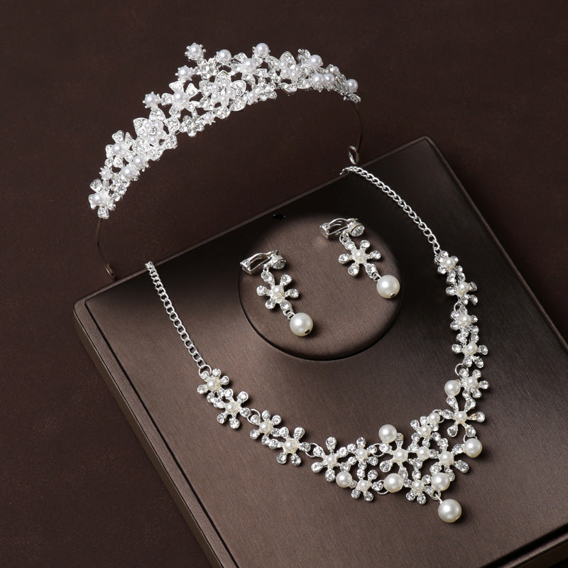 Bridal Wedding Crown Gift Princess Crown Pearl Necklace Earrings Three-Piece Set