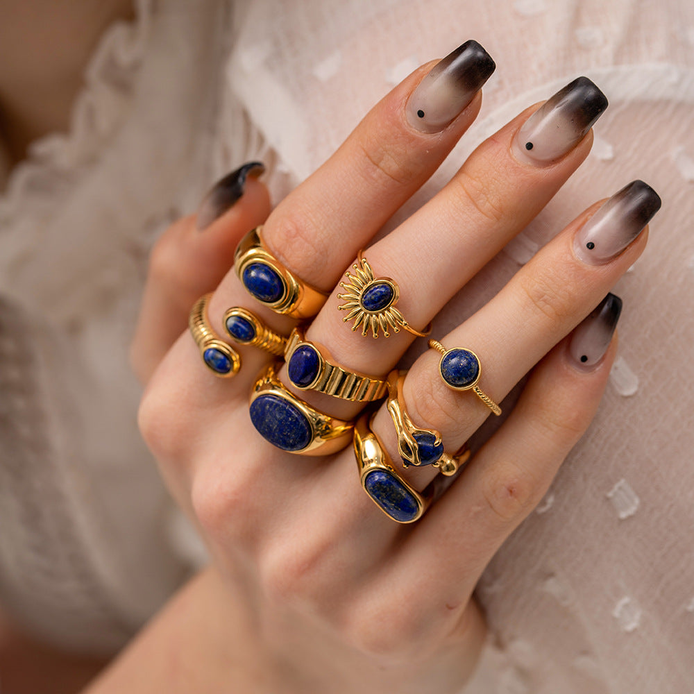 Fashion Natural Stone Rings For Women Luxury Retro Design Lapis Lazuli Ladies Stainless Steel Jewelry Gifts