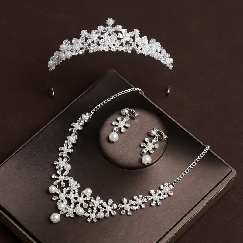 Bridal Wedding Crown Gift Princess Crown Pearl Necklace Earrings Three-Piece Set