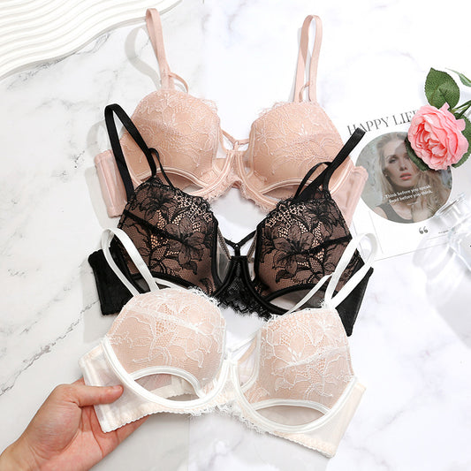 Breathable underwear women's small chest gathered mesh breast beauty black sexy lace bra