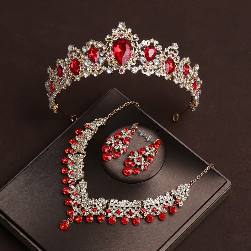 Bridal wedding headdress red diamond three-piece set crown hair accessories princess photo wedding dress accessories