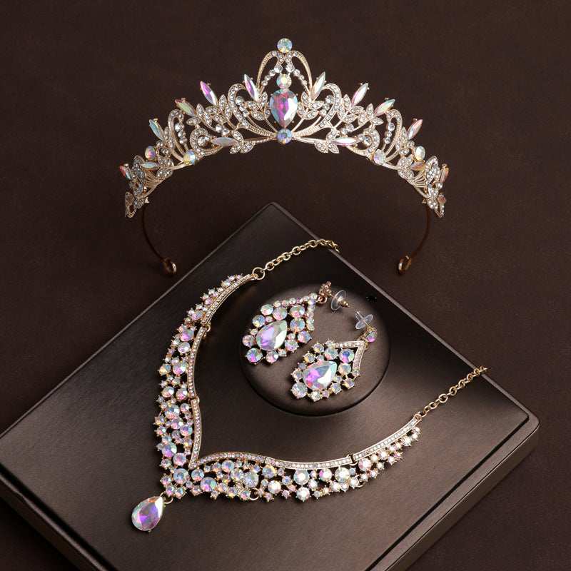 Bridal crown tiara, colorful and atmospheric wedding jewelry three-piece set for 18-year-old female coming-of-age ceremony, birthday gift crown