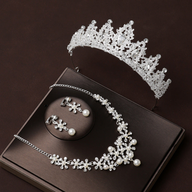 Handmade Crown Bridal Headwear Main Wedding Necklace Three-piece Set Luxurious Luxurious Birthday Crown for Married Women