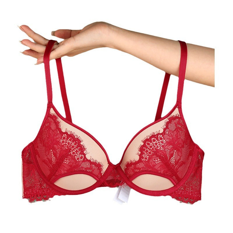 Women sexy lace red underwear gathered small chest anti-sagging adjustment bra thin women's bra