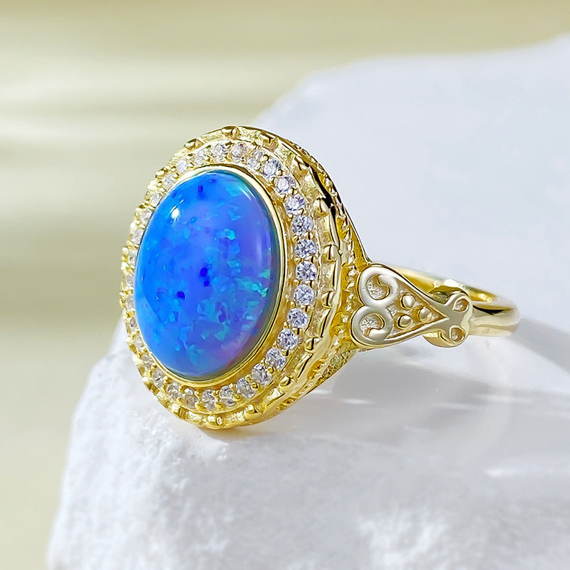 925 sterling silver gold-plated ring inlaid with 8*10mm oval Opal blue ins ring women's jewelry