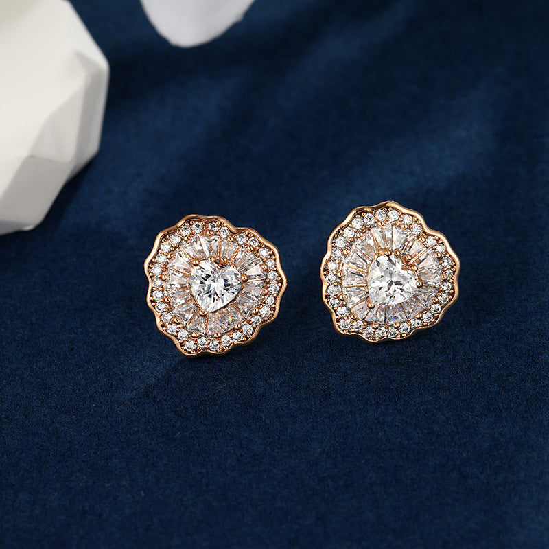 American cross-border jewelry fashionable light luxury style exquisite super flash zirconium round round love flower earrings