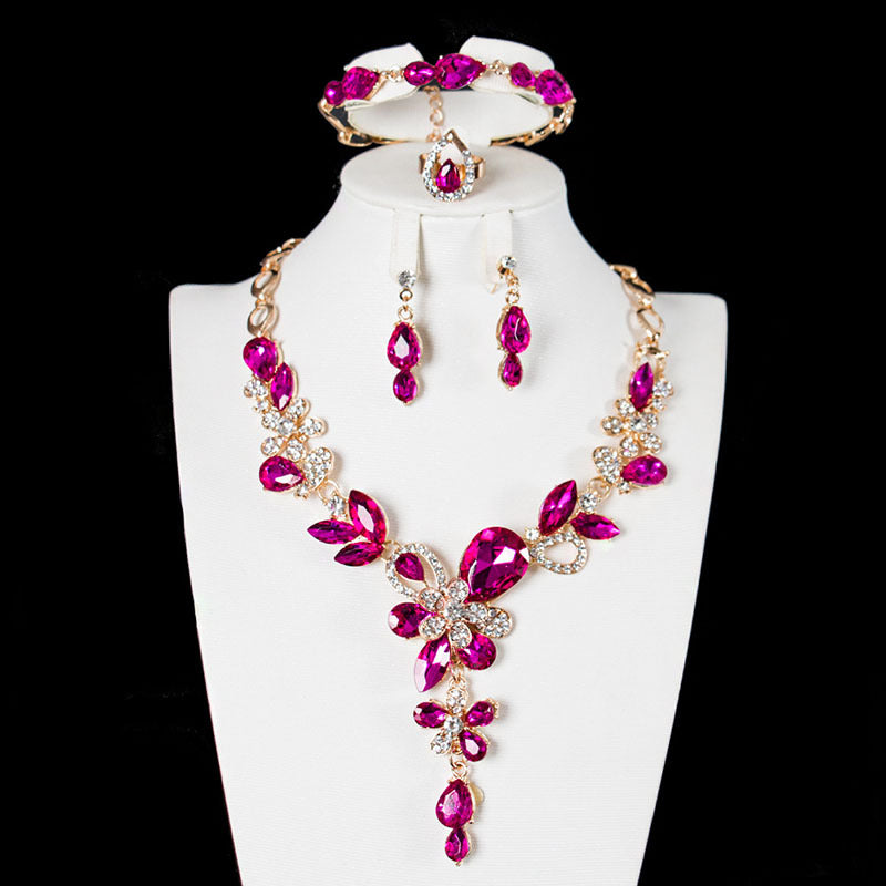 American sparkling crystal gem necklace collarbone set four-piece jewelry exaggerated bridal dress female accessories