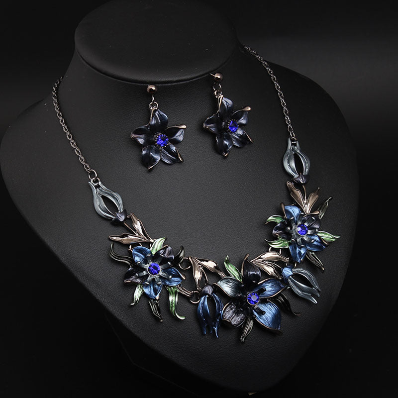 American blue three-dimensional diamond flower necklace and earrings set exaggerated