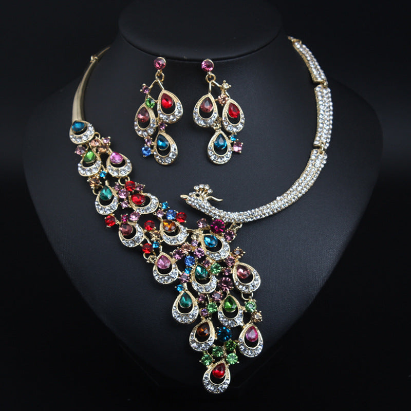 Transparent crystal peacock necklace earrings set bridal banquet dress female exaggerated accessories