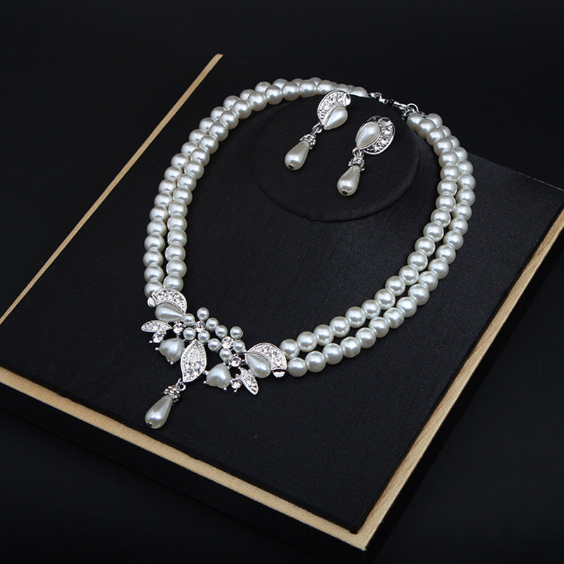 Pearl rhinestone necklace earrings set dress banquet bride female fashion