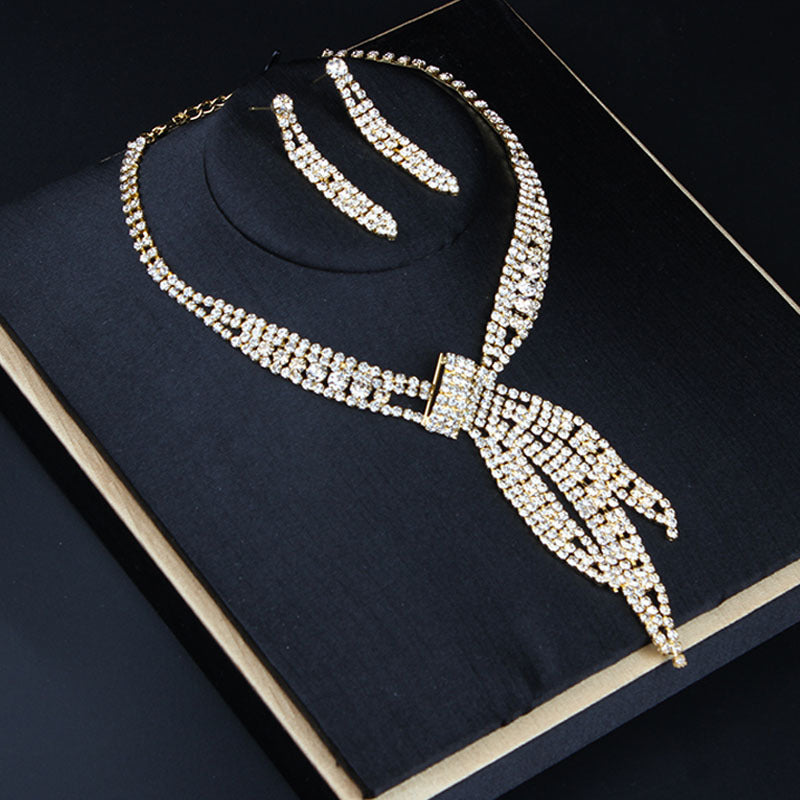 Temperament simple rhinestone tassel necklace earrings set women's banquet dress