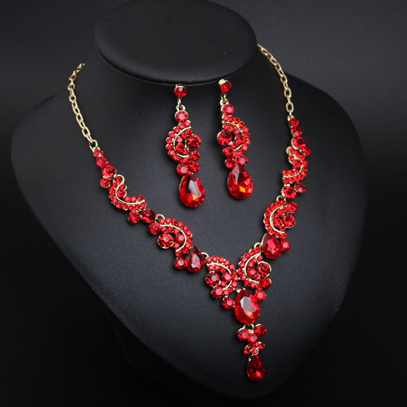 New Style European and American Light Luxury Crystal Simple Gemstone Necklace Earrings Set Dress Bride Female