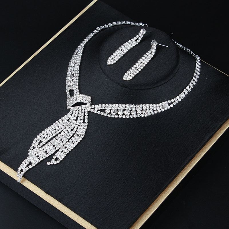 Temperament simple rhinestone tassel necklace earrings set women's banquet dress