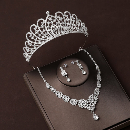 Wedding dress crown bridal tiara rhinestone three-piece set princess birthday crown high-end luxury accessories