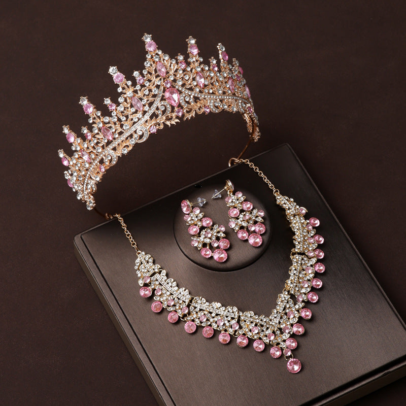 Wedding bridal tiara crown main wedding dress birthday hair accessories pink diamond retro luxury necklace and earrings three-piece set