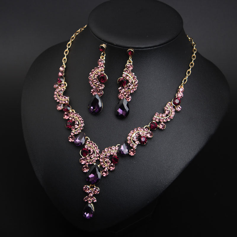 New Style European and American Light Luxury Crystal Simple Gemstone Necklace Earrings Set Dress Bride Female