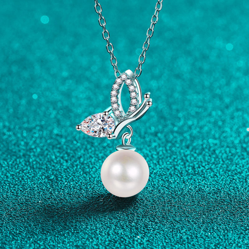 S925 Silver Moissanite Pearl Necklace Female Butterfly Wings Pendant Fresh and Sweet Girly Style Clavicle Chain