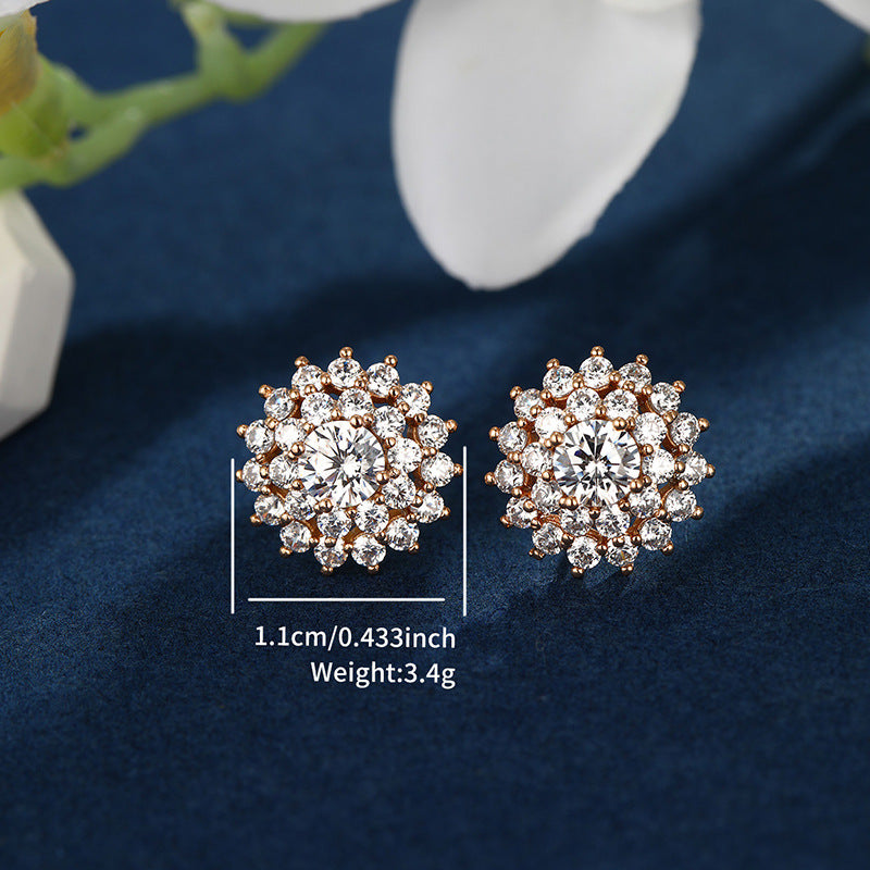 American cross-border jewelry fashionable light luxury style exquisite super flash zirconium round round love flower earrings