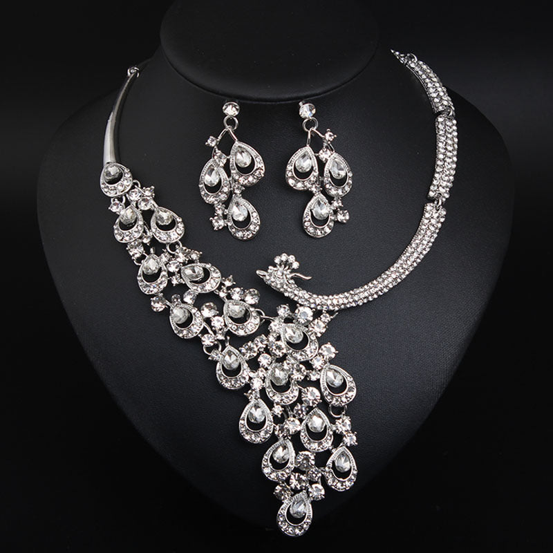 Transparent crystal peacock necklace earrings set bridal banquet dress female exaggerated accessories