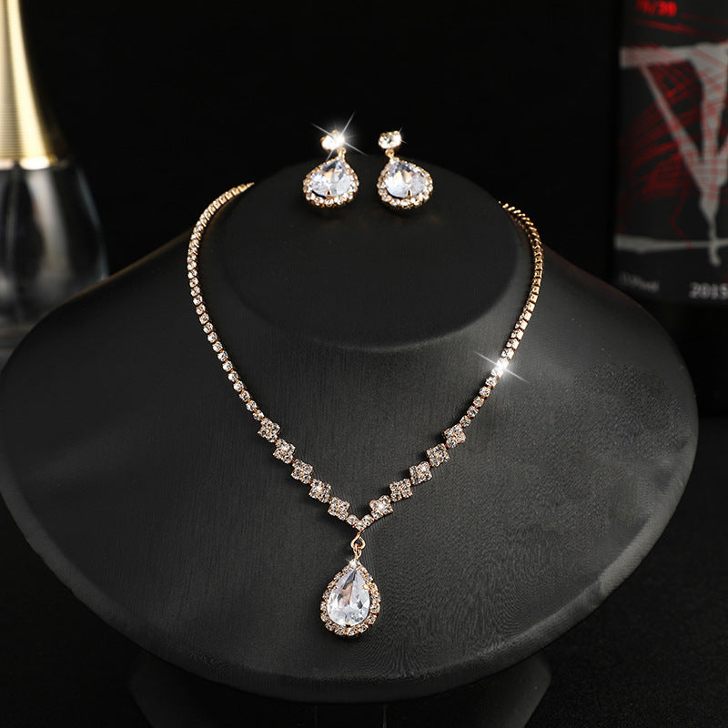 Rhinestone zircon necklace and earrings two-piece set bride wedding dress necklace accessories