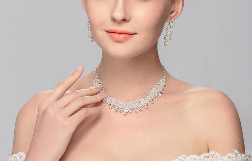 American new bridal jewelry exaggerated crystal light luxury necklace and earrings set niche design