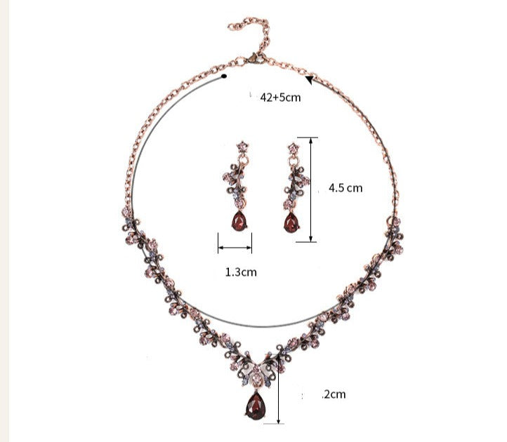 Leaf & Water Drop Gemstone Necklace & Collarbone Chain Vintage Jewelry Set For Women