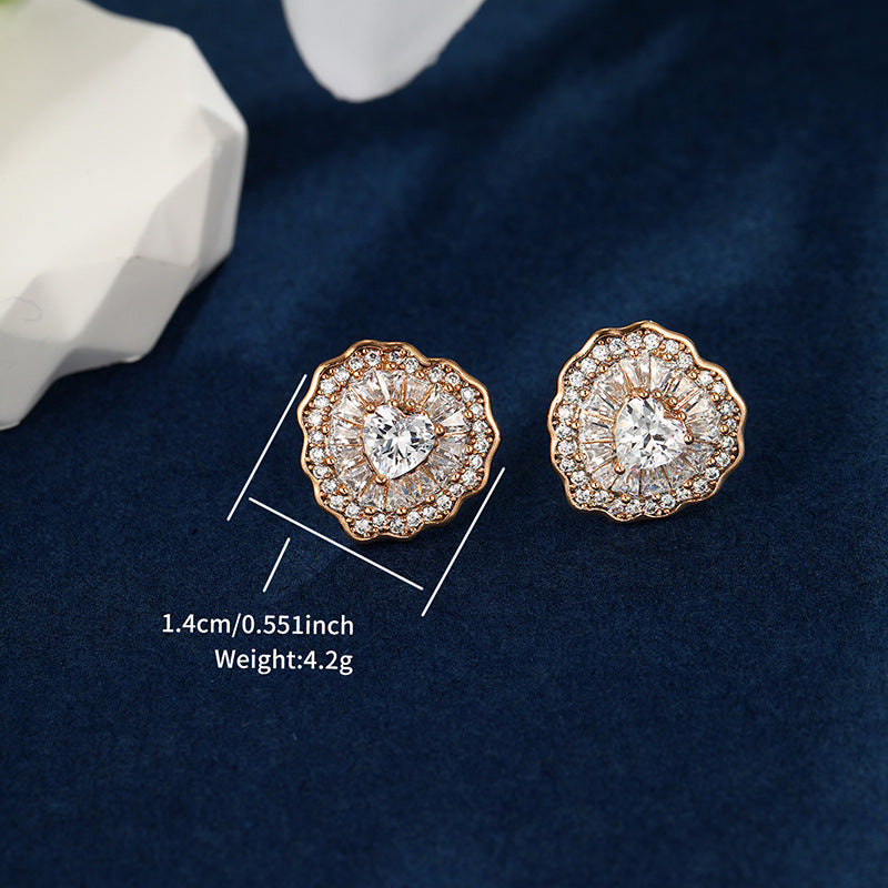 American cross-border jewelry fashionable light luxury style exquisite super flash zirconium round round love flower earrings