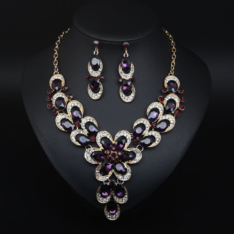 Multicolor Crystal Bridal Jewelry Sets Wedding Party Necklace Earring for Women Glitter Rhinestone Necklace