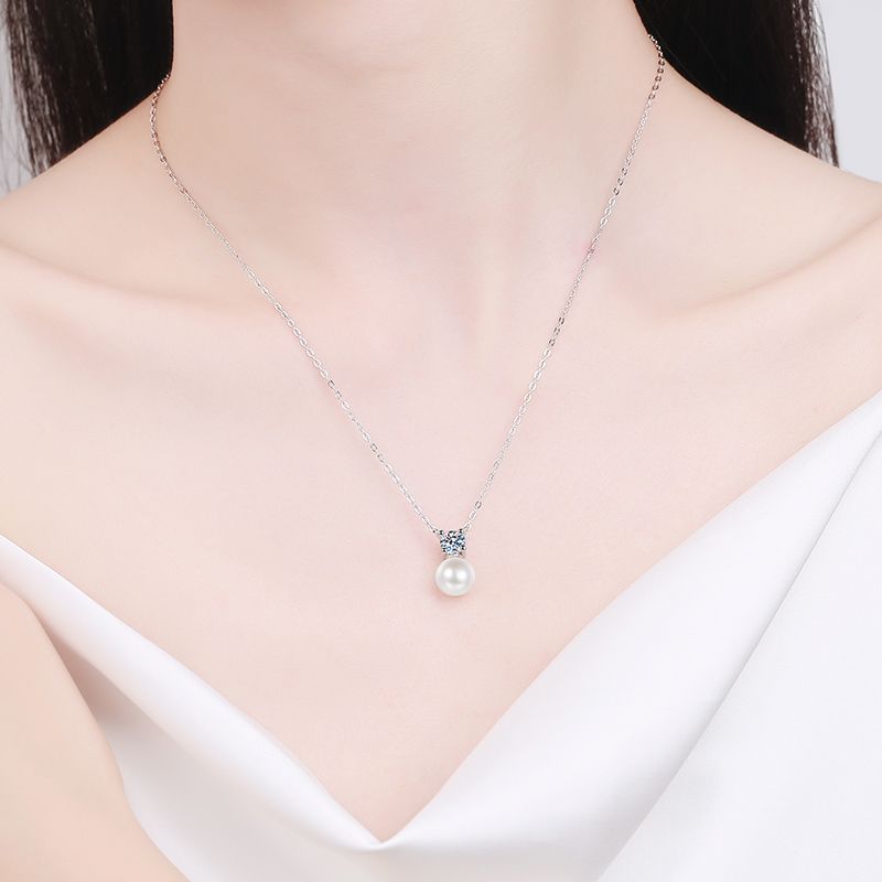 Pendant Necklace For Women Gift S925 Silver Romantic Pearl Shape 8mm flawless freshwater pearl 50 points moissanite Necklace