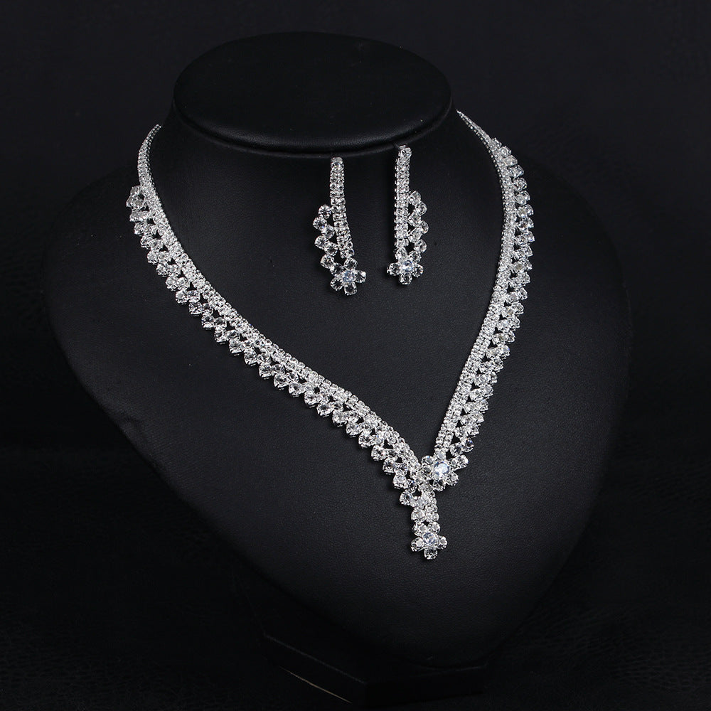 Small fresh light luxury full diamond zircon necklace earrings clavicle chain set bride wedding dinner dress