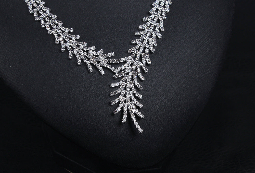 Temperament versatile full diamond wheat ear necklace earrings set short women's clavicle chain bridal dress accessories