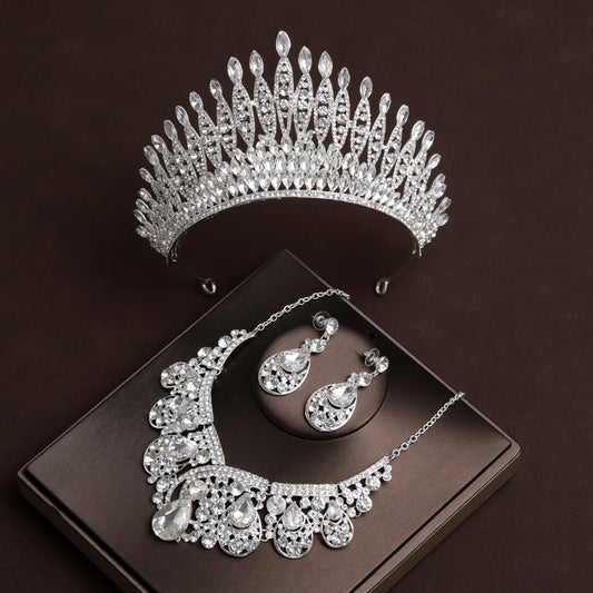 Atmospheric high-end wedding rhinestone necklace crown tiara bridal three-piece set main wedding accessories