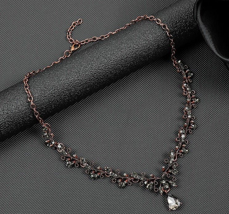 Leaf & Water Drop Gemstone Necklace & Collarbone Chain Vintage Jewelry Set For Women