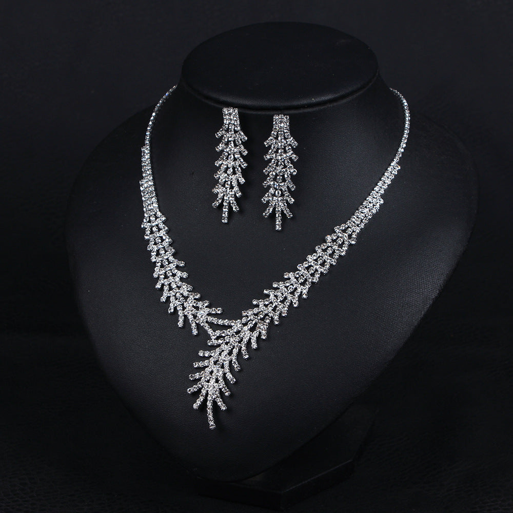 Temperament versatile full diamond wheat ear necklace earrings set short women's clavicle chain bridal dress accessories