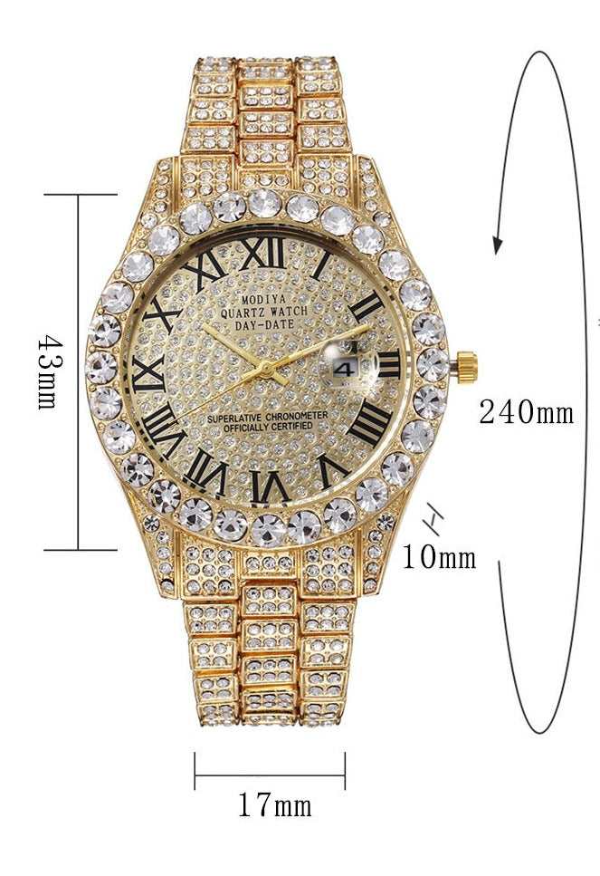 Luxury Classic Golden Men's Steel Strap Roman Scale Rhinestone Calendar Quartz Watch Fashion Male Wristwatch