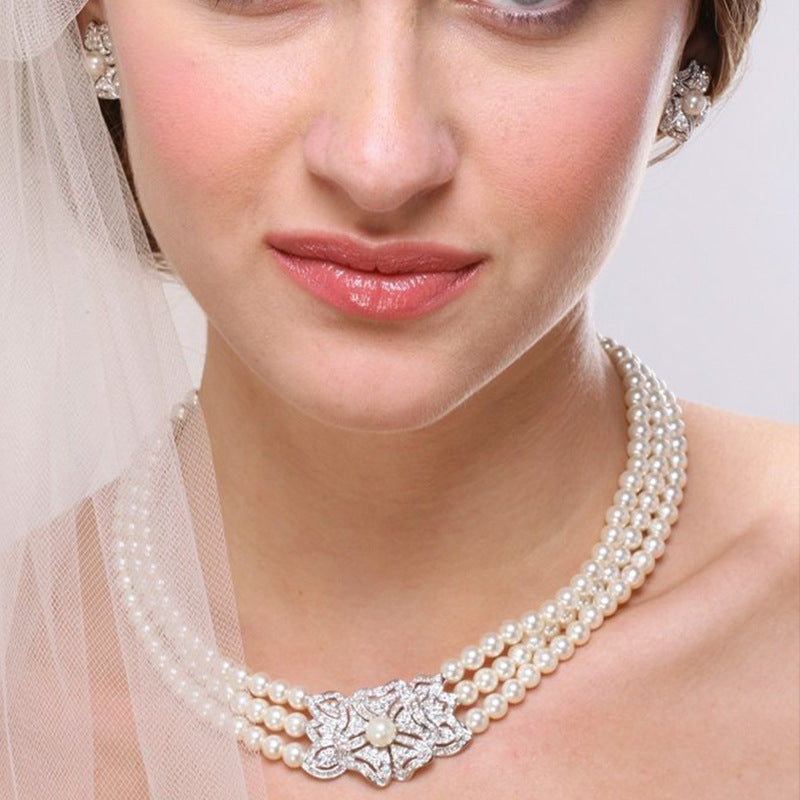 Brides pearl necklace earrings bracelet three-piece set versatile temperament wedding dress