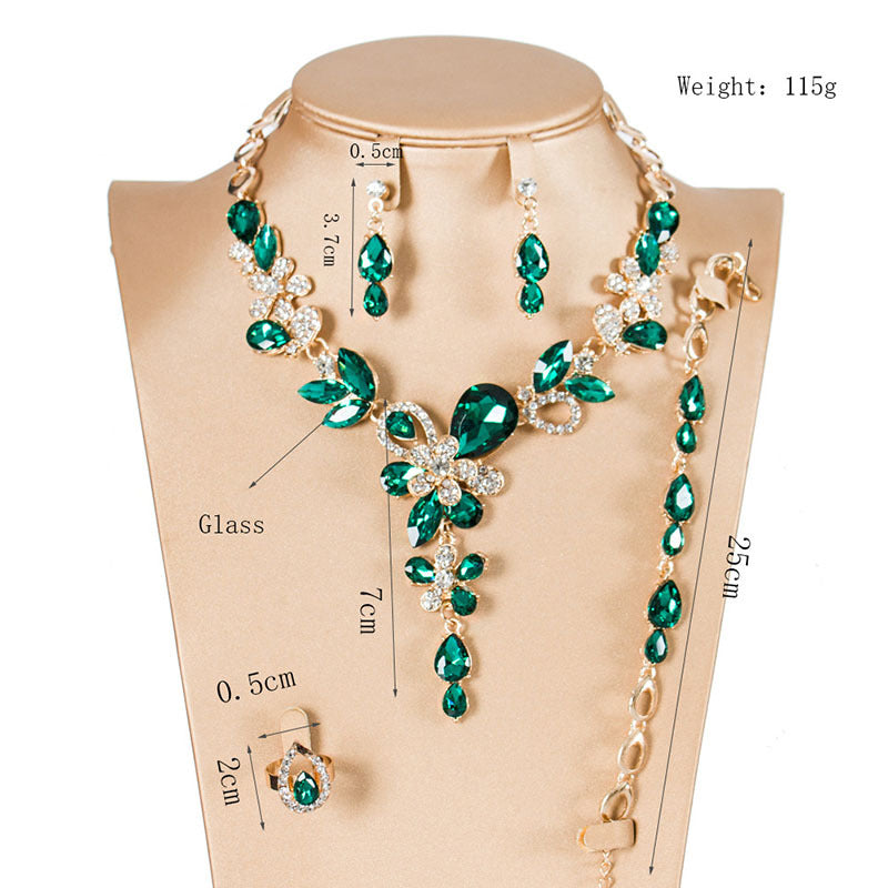 American sparkling crystal gem necklace collarbone set four-piece jewelry exaggerated bridal dress female accessories