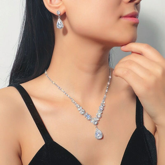 American rhinestone zircon necklace and earrings set water drop women's fashion bridal jewelry