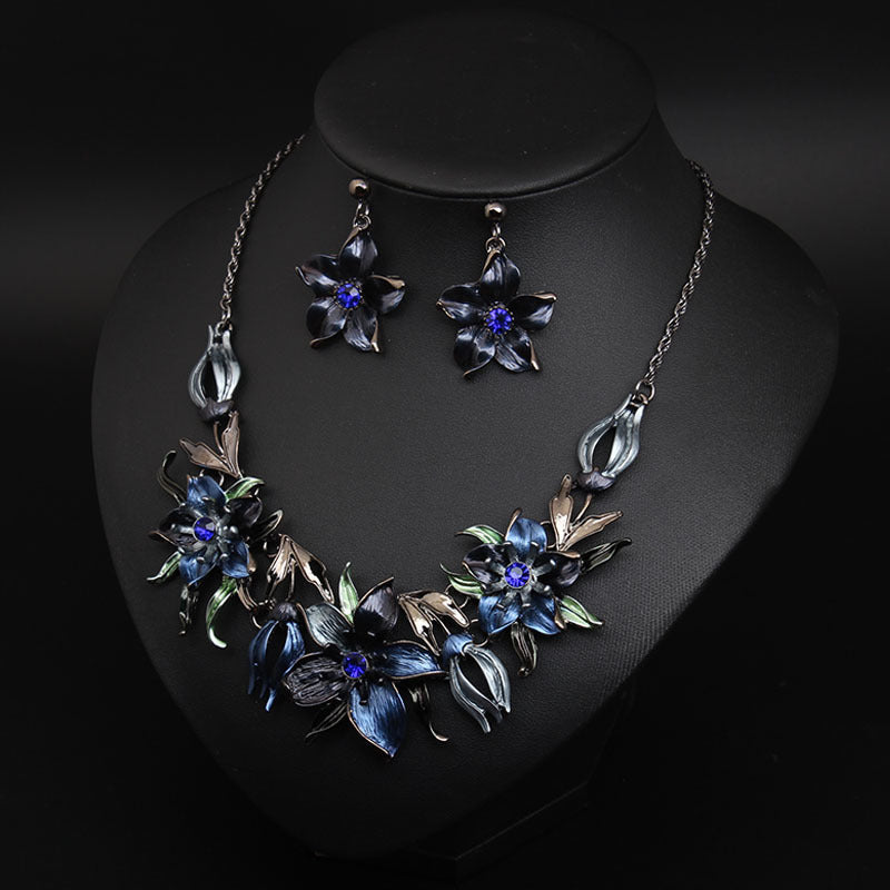 American blue three-dimensional diamond flower necklace and earrings set exaggerated