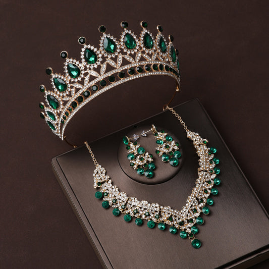 Bridal Crown Tiara Green Diamond High-end Luxurious Adult Princess Three-Piece Crown Set