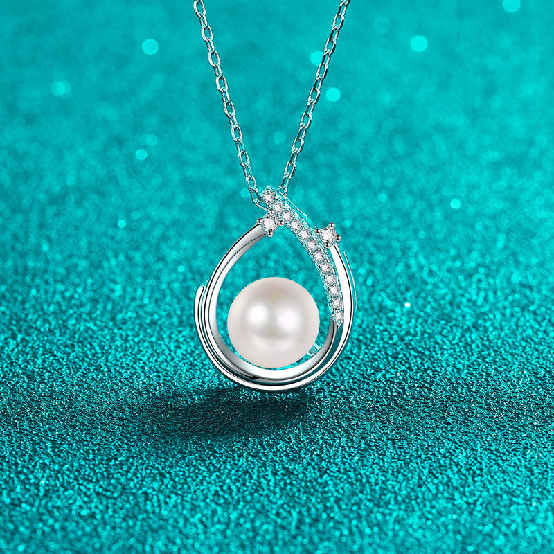 S925 Sterling Silver Necklace for Women 9 Points Moissanite 8-9MM Round Pearl Pendant Simple Fashion Commuter Neck Chain