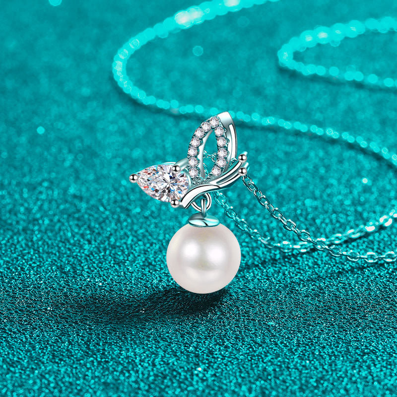 S925 Silver Moissanite Pearl Necklace Female Butterfly Wings Pendant Fresh and Sweet Girly Style Clavicle Chain