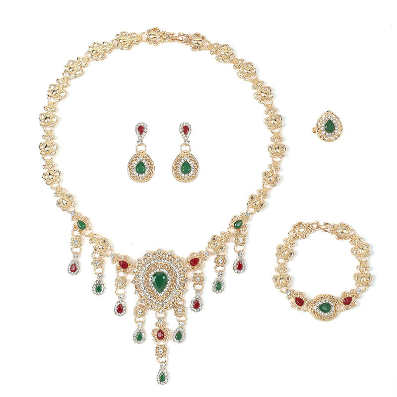 4pcs Set Vintage Gold Jewelry Set With Necklace, Earrings, Ring And Bracelet For Women, Embellished With Gemstones And Rhinestones