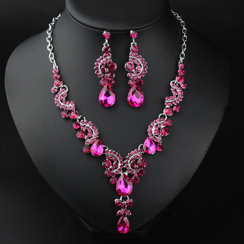 New Style European and American Light Luxury Crystal Simple Gemstone Necklace Earrings Set Dress Bride Female