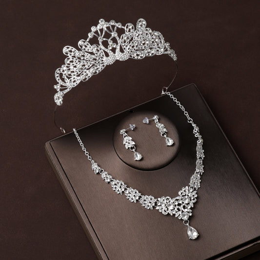 Wedding Crown Rhinestone Necklace Three-Piece Set Bridal Headwear