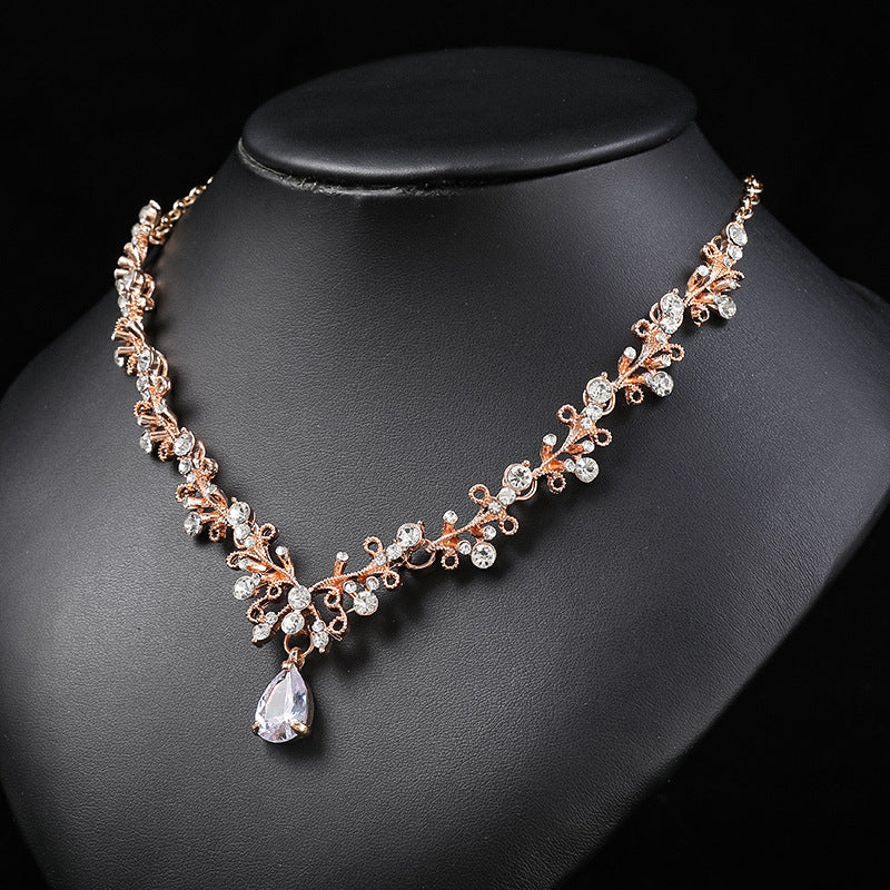 Bridal wedding dress necklace earrings set women's clip zircon series diamond crystal clavicle chain evening accessories