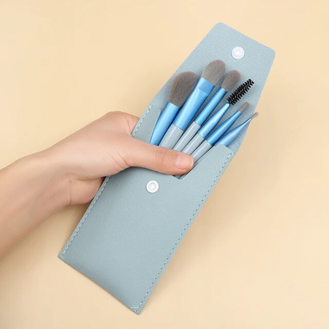 8 mini makeup brush set Morandi portable makeup brush soft hair beauty tool brush with leather bag cover