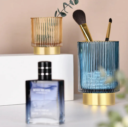 Phnom Rim Thickened Striped Glass Storage Bucket Pen Holder Table Lipstick Makeup Brush Jewelry Storage Box Jar