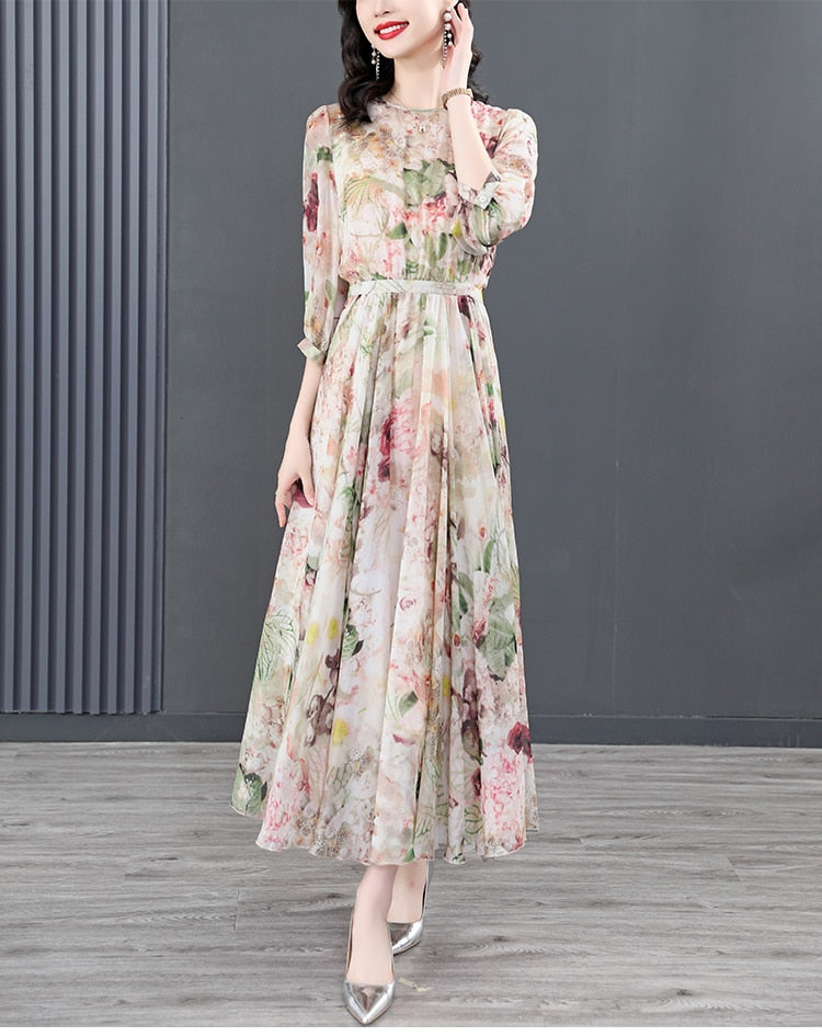 Women Summer Silk Floral Beach  Midi Plus Size Elegant Maxi Dress - WD8057